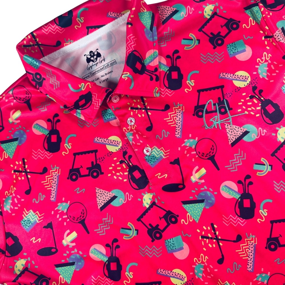 Gashouse Golf Memphis Print Polo Shirt Mens XL Pink 90s Geometric Short Sleeve